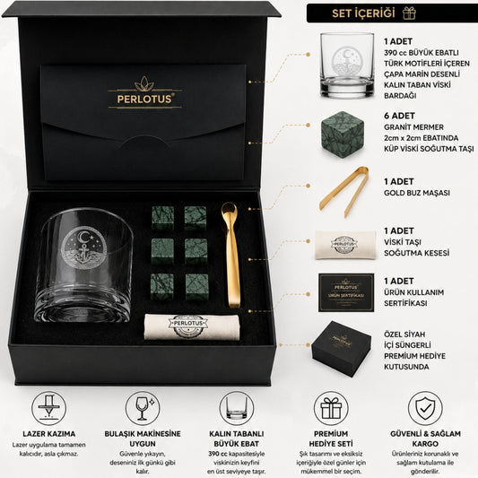Perlotus Premium Viski Bardağı Hediye Seti 390 cc Marin Desenli Kalın Taban Bardak 6'lı Granit Viski Taşı