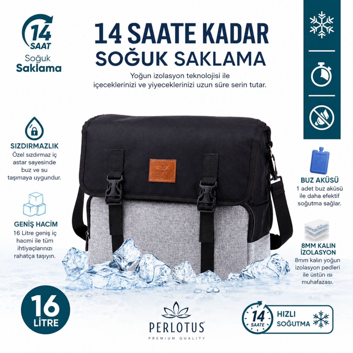 Perlotus 16 Lt Yalıtımlı Termos Piknik Kamp Çantası, Su Geçirmez, 8 mm Kalın Yalıtım 9-14 Saat Sıcak Soğuk Tutan Omuz Askılı Büyük Boy