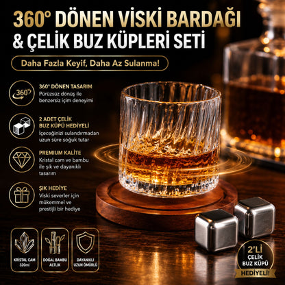 Bambu Bardak Altlıklı 360° Dönen Viski Bardağı ve Çelik Buz Küpleri Seti