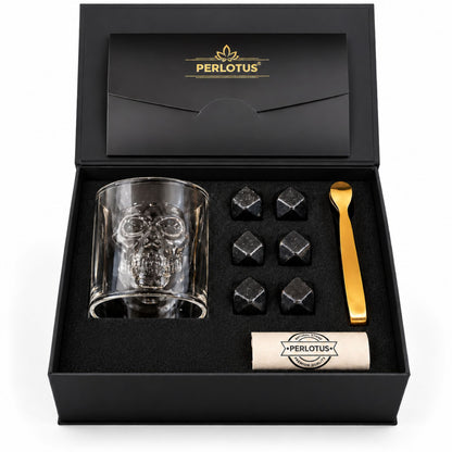 Gotik Kuru Kafa Kadeh Bardaklı Premium Viski Taşı Seti – Gold Maşa & Kese