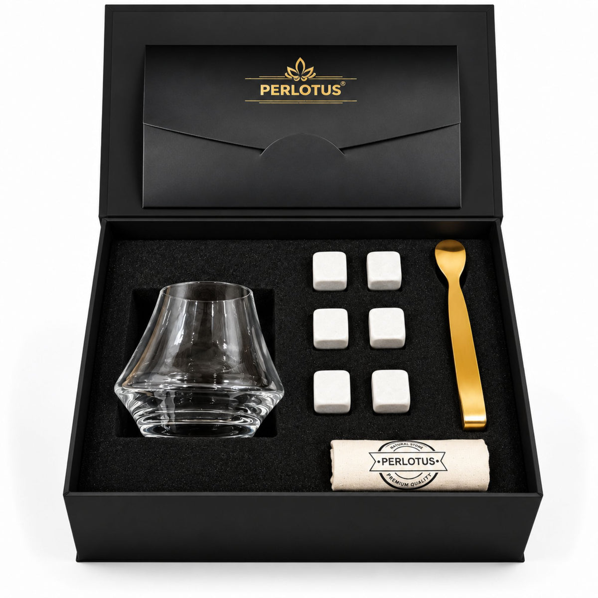 Crown Konyak Kadeh Tadım Bardaklı Premium Viski Taşı Seti – Gold Maşa & Kese