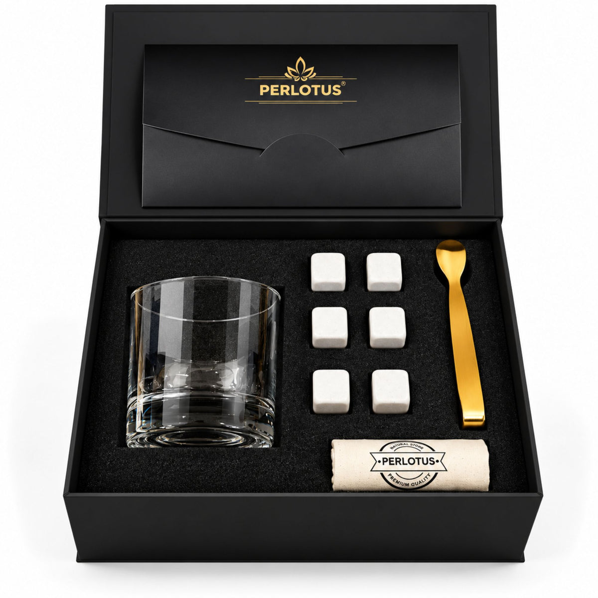 Atlas İstanbul Kadeh Bardaklı Premium Viski Taşı Seti – Gold Maşa & Kese