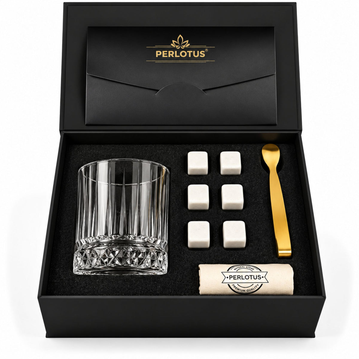 İtaly Elysia Bardaklı Premium Viski Taşı Seti – Gold Maşa & Kese