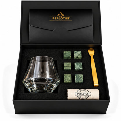 Crown Konyak Kadeh Tadım Bardaklı Premium Viski Taşı Seti – Gold Maşa & Kese
