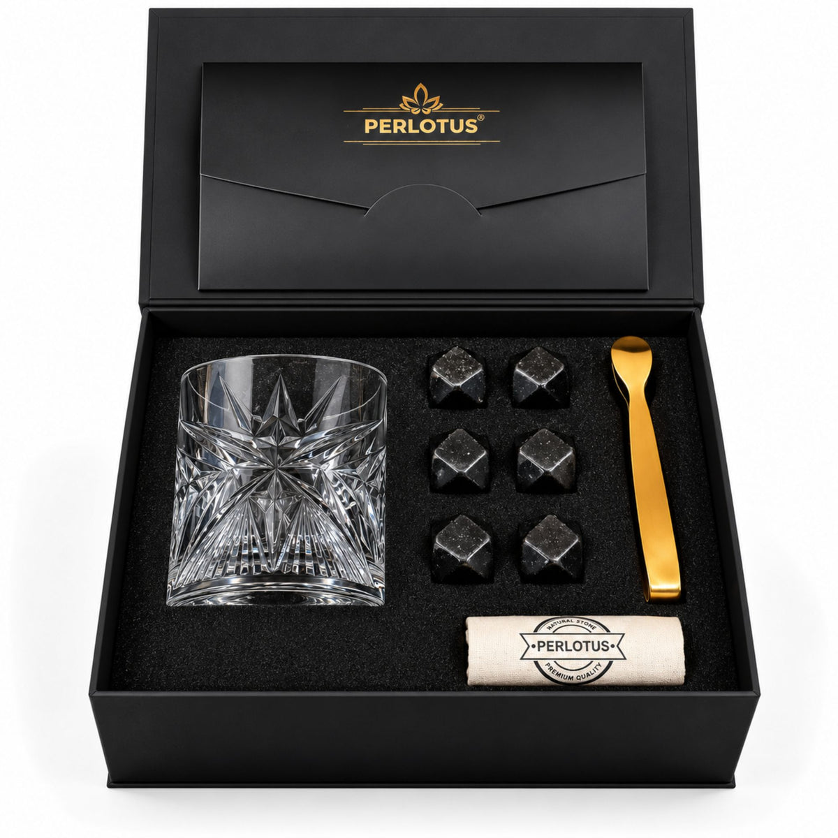 Imperial Cio Kadeh Bardaklı Premium Viski Taşı Seti – Gold Maşa & Kese