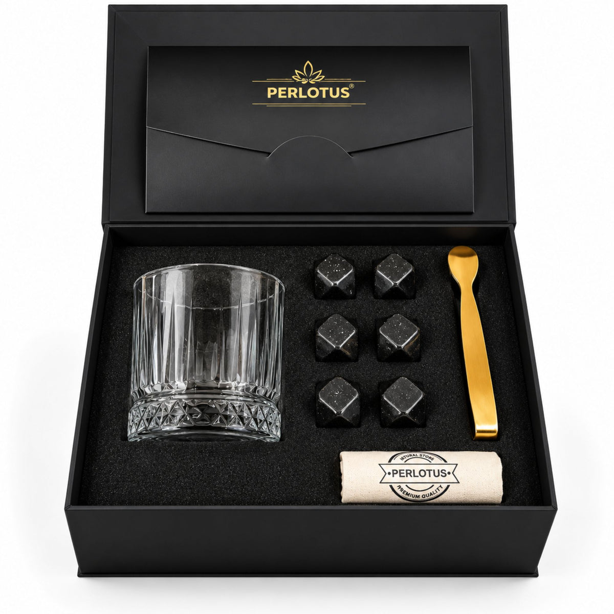 İtaly Elysia Bardaklı Premium Viski Taşı Seti – Gold Maşa & Kese