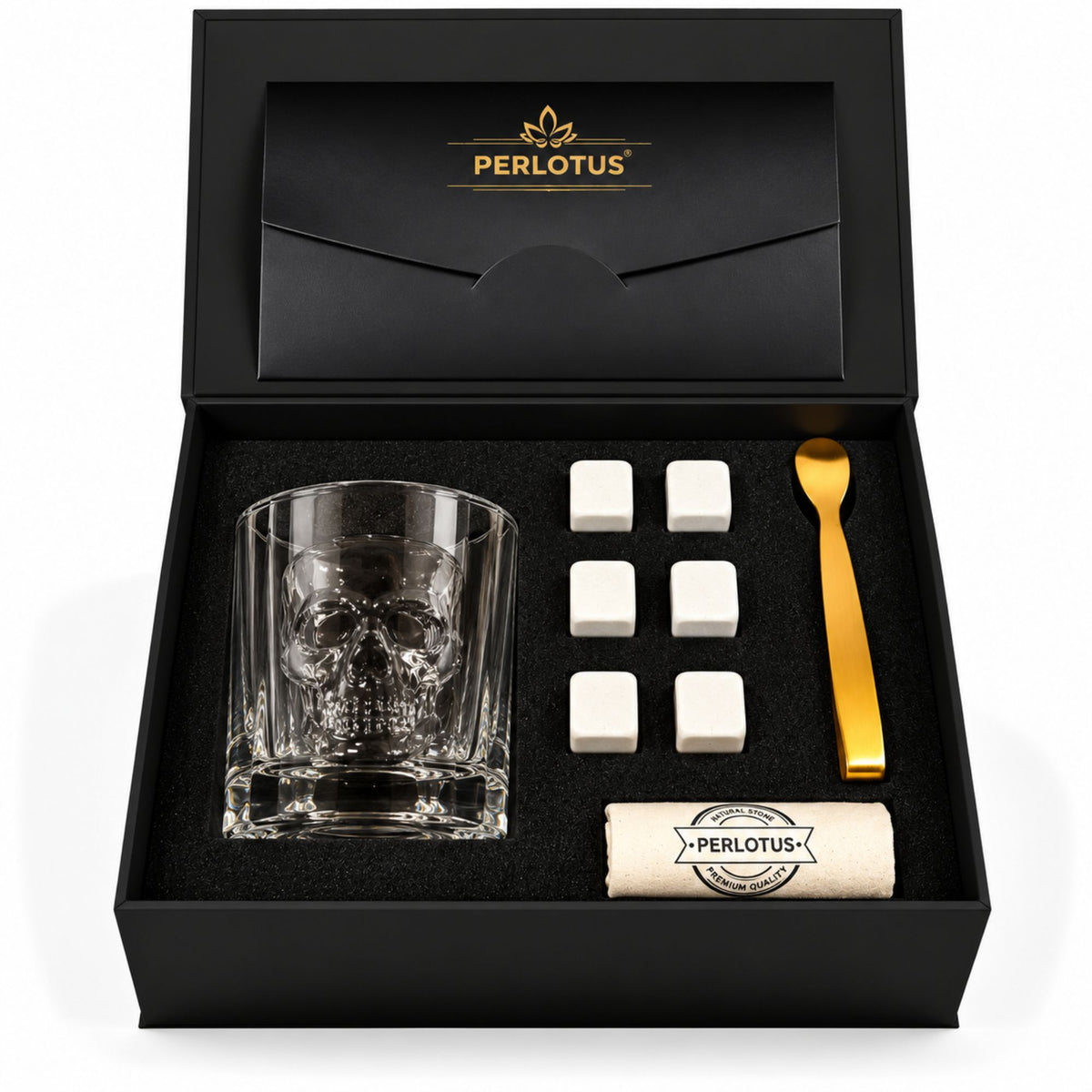 Gotik Kuru Kafa Kadeh Bardaklı Premium Viski Taşı Seti – Gold Maşa & Kese