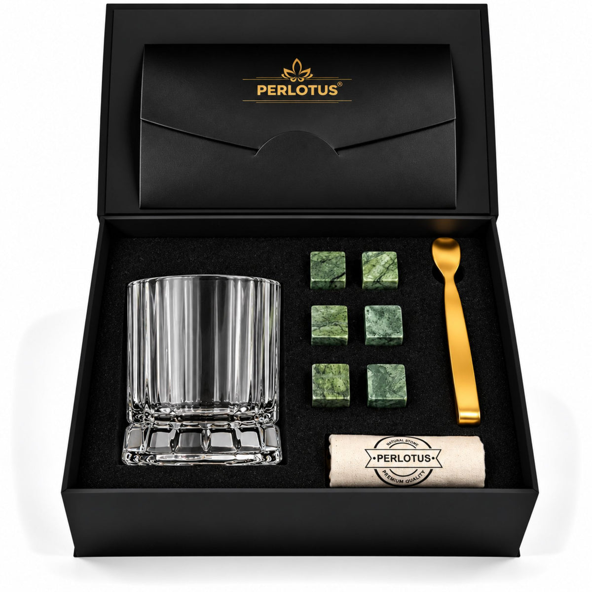 Wayne Kadeh Bardaklı Premium Viski Taşı Seti – Gold Maşa & Kese