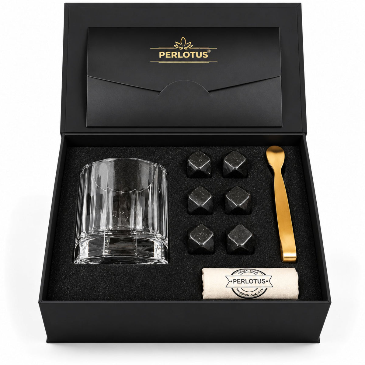 Churchill Bardaklı Premium Viski Taşı Seti – Gold Maşa & Kese