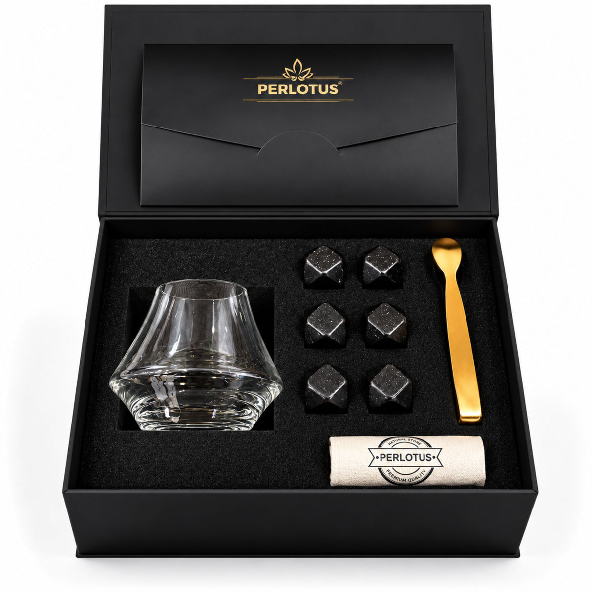 Crown Konyak Kadeh Tadım Bardaklı Premium Viski Taşı Seti – Gold Maşa & Kese