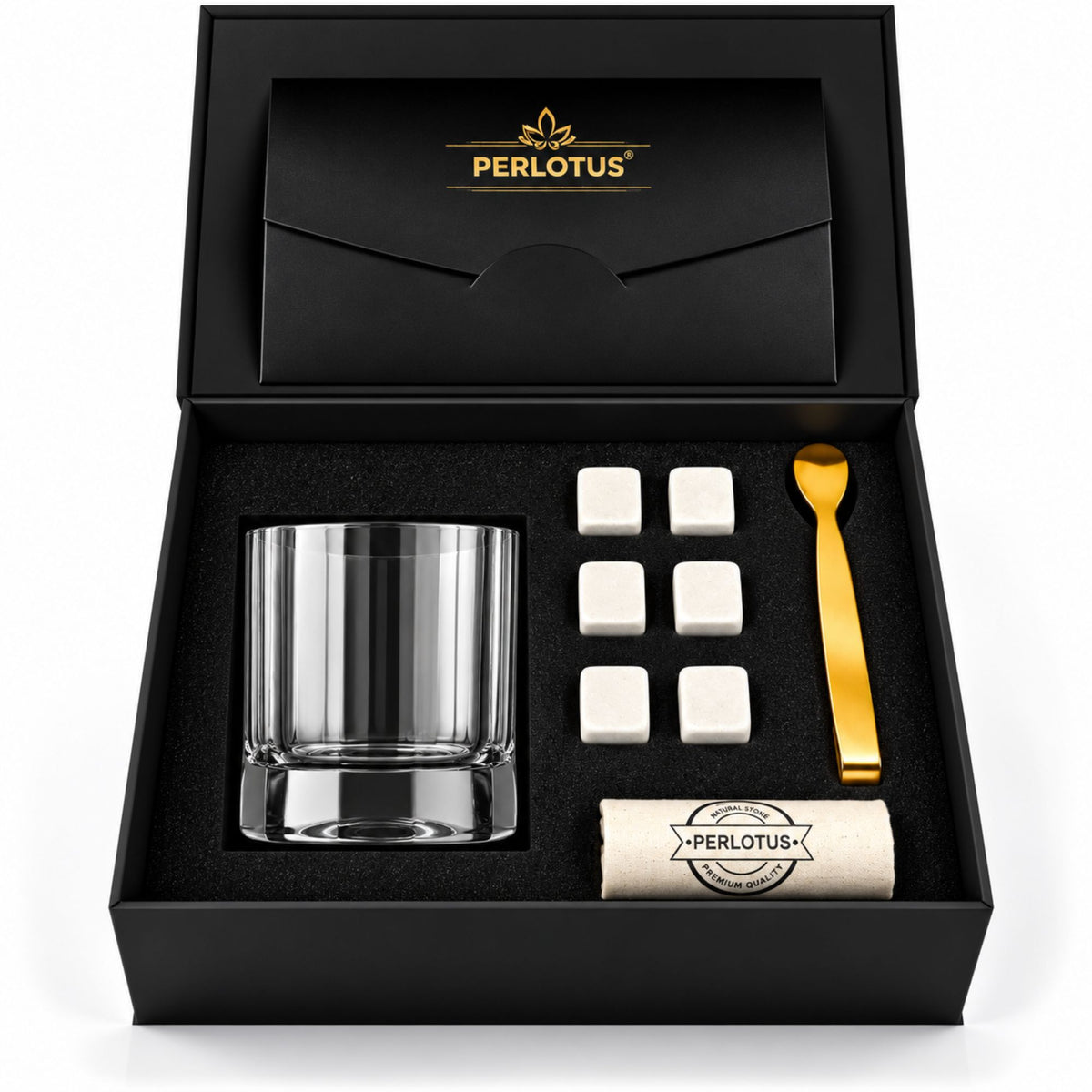 Churchill Bardaklı Premium Viski Taşı Seti – Gold Maşa & Kese