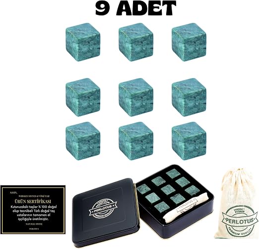 Perlotus Granit Eskitme 9'lu Viski Taşı Metal Kutulu, Doğal, Sulandırmadan Soğutur