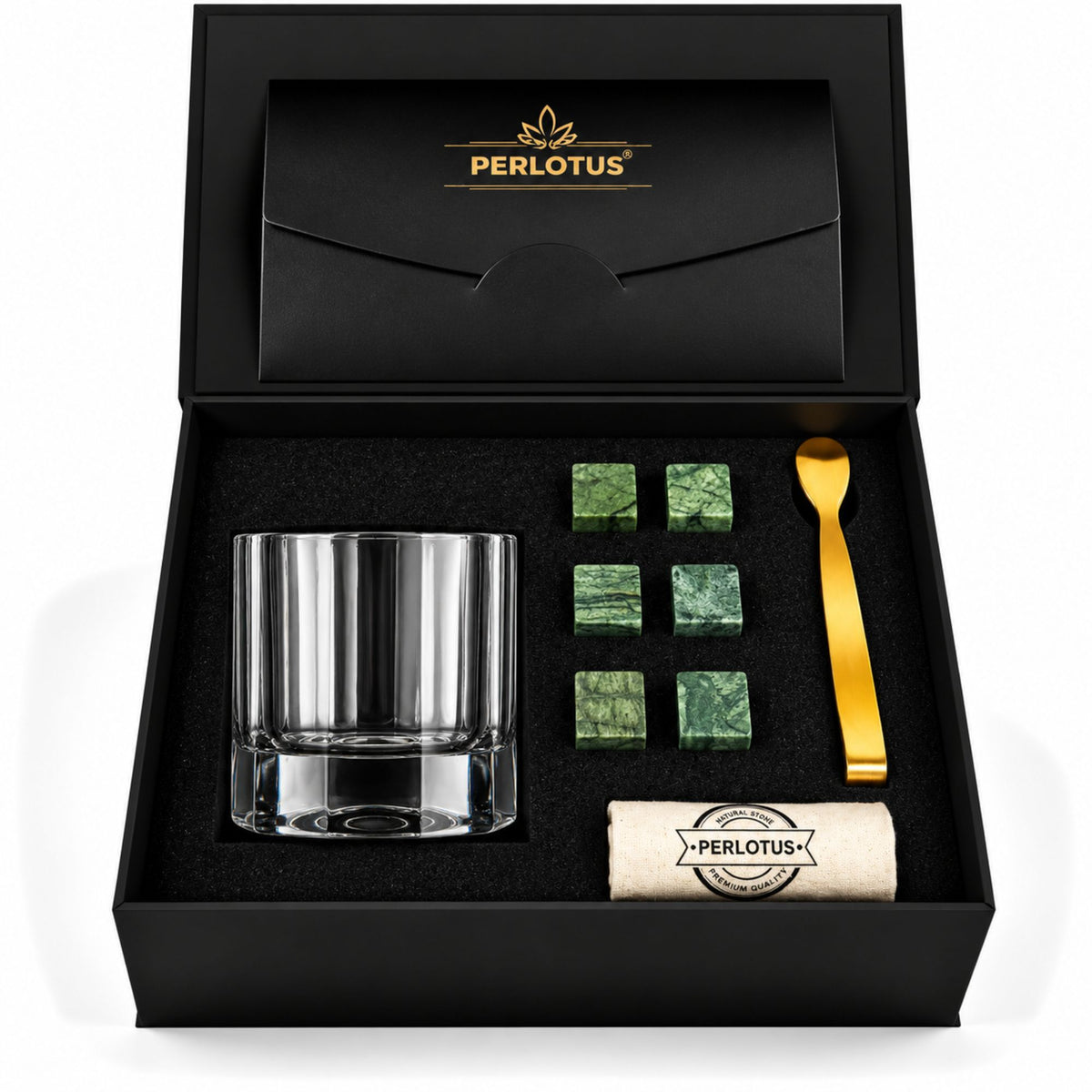Churchill Bardaklı Premium Viski Taşı Seti – Gold Maşa & Kese