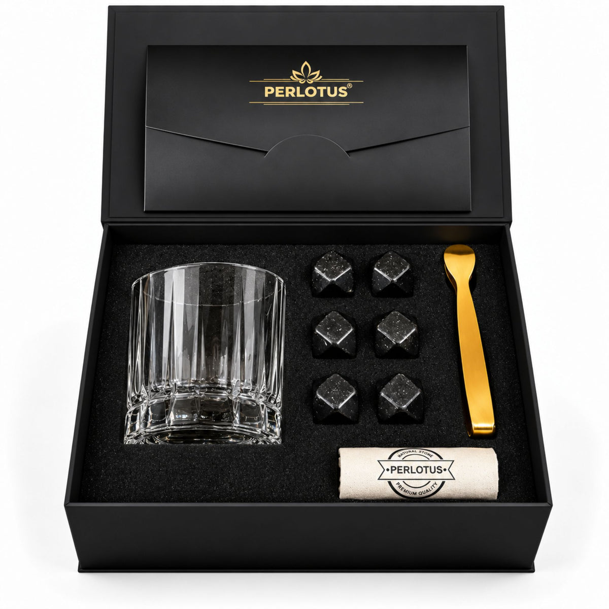 Wayne Kadeh Bardaklı Premium Viski Taşı Seti – Gold Maşa & Kese