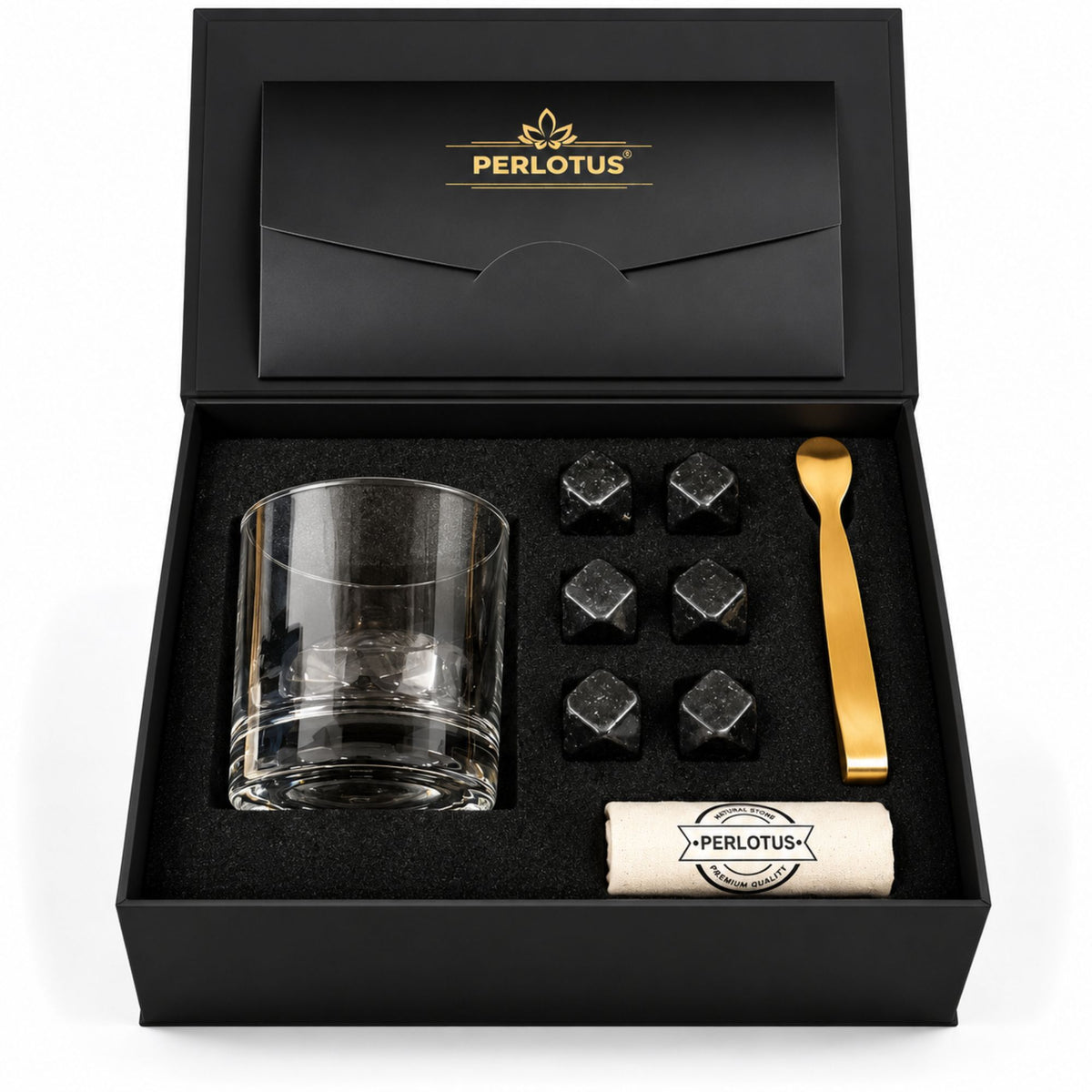 Atlas İstanbul Kadeh Bardaklı Premium Viski Taşı Seti – Gold Maşa & Kese