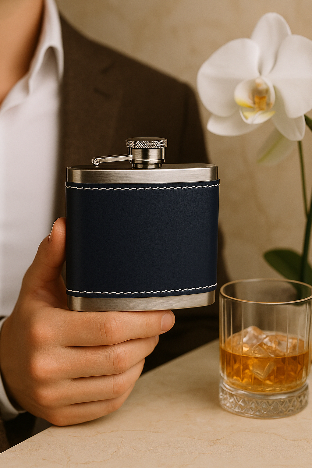 Perlotus 5 Oz 150 cc Hunili Premium Hakiki Deri Kılıf Çelik Viski İçki Konyak Matarası