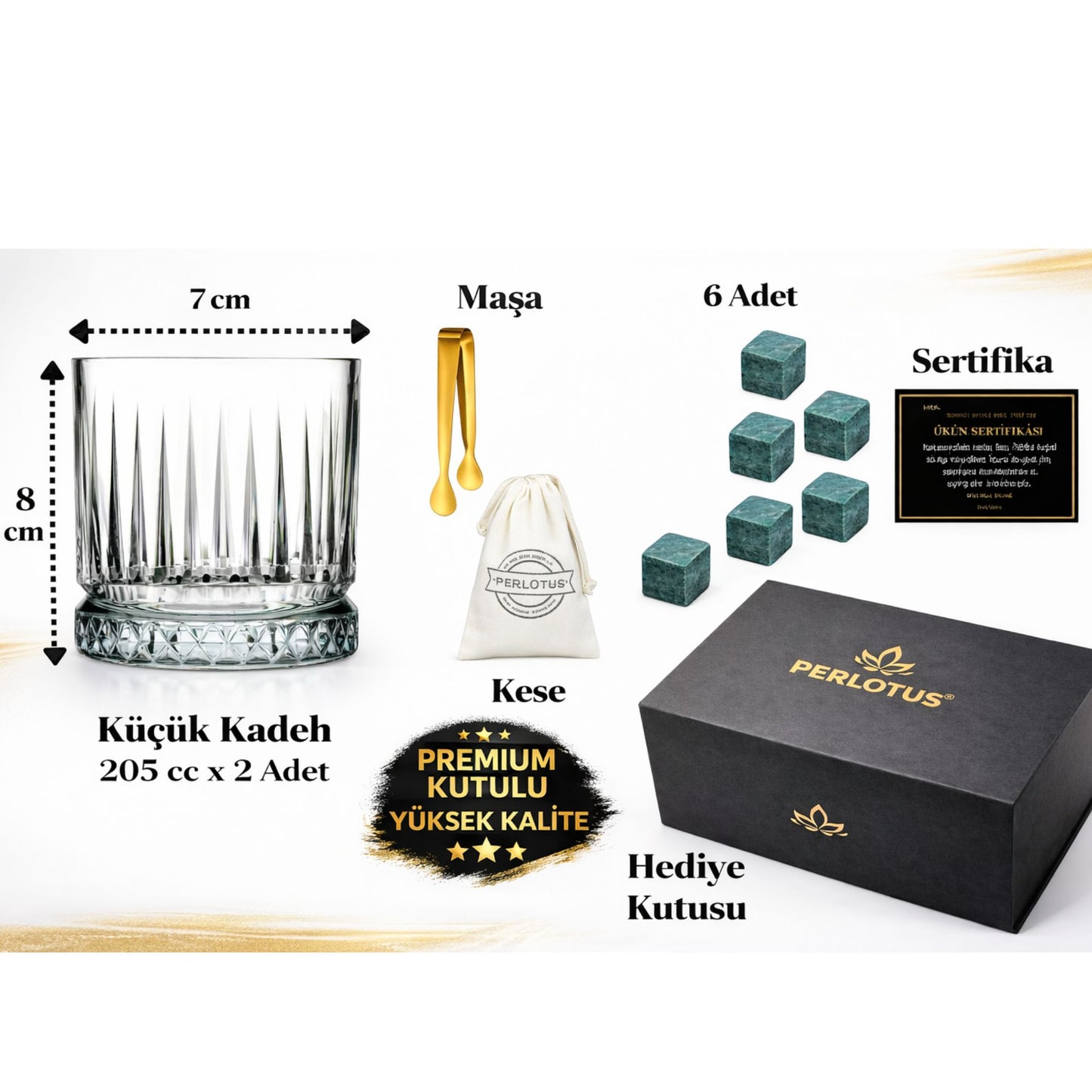 Perlotus Antalya Seri Viski Bardak Seti 2’li Kristal Kadeh Soğutma Taşı Maşalı Mıknatıslı Hediye Kutulu Sertifikalı Erkek Hediye Seti