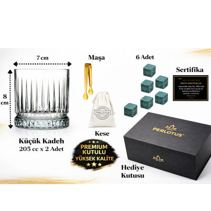 Perlotus Antalya Seri Viski Bardak Seti 2’li Kristal Kadeh Soğutma Taşı Maşalı Mıknatıslı Hediye Kutulu Sertifikalı Erkek Hediye Seti