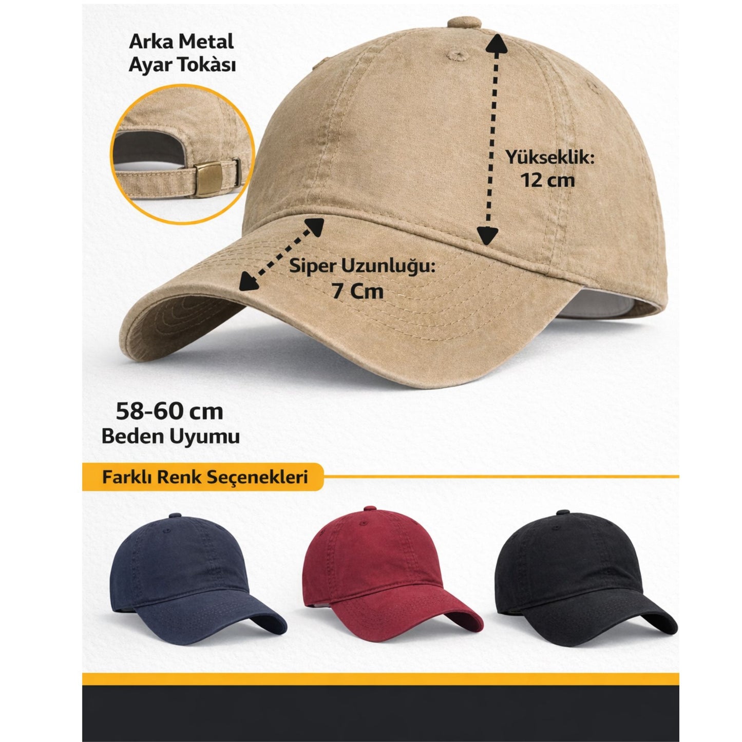 Perlotus%100 Pamuklu Unisex Beyzbol Şapkası, Ayarlanabilir Metal Tokalı 58-60 cm, 4 Mevsim Günlük Kullanım Şapka, Casual Outdoor