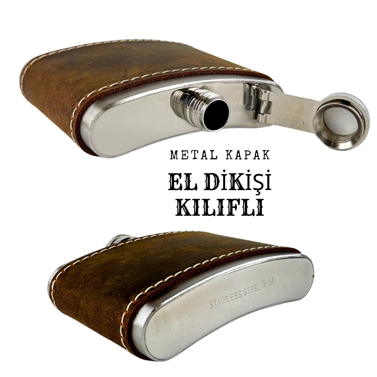 Perlotus 5 Oz 150 cc Hunili Premium Hakiki Deri Kılıf Çelik Viski İçki Konyak Matarası