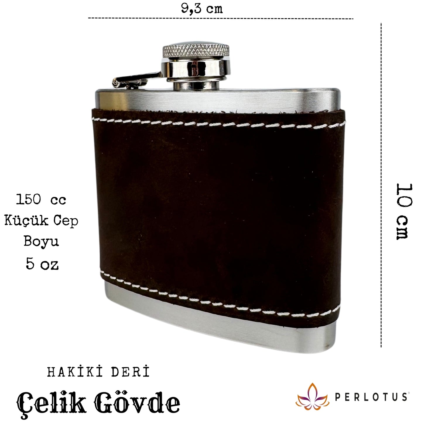 Perlotus 5 Oz 150 cc Hunili Premium Hakiki Deri Kılıf Çelik Viski İçki Konyak Matarası