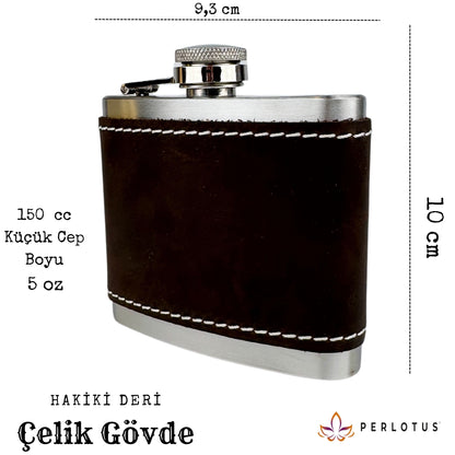 Perlotus 5 Oz 150 cc Hunili Premium Hakiki Deri Kılıf Çelik Viski İçki Konyak Matarası