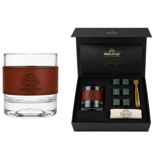 Perlotus Hakiki Deri Kılıflı Küçük Viski Bardağı Seti 6'lı Granit Viski Taşı Limited Seri
