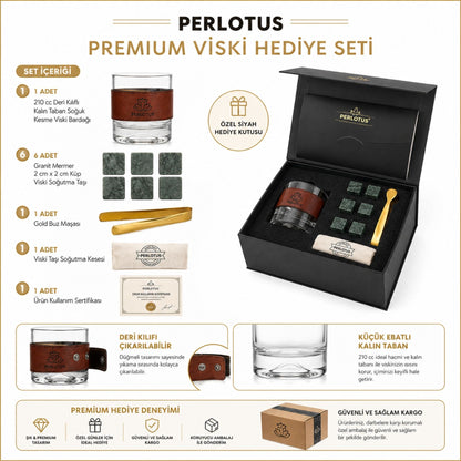 Perlotus Hakiki Deri Kılıflı Küçük Viski Bardağı Seti 6'lı Granit Viski Taşı Limited Seri