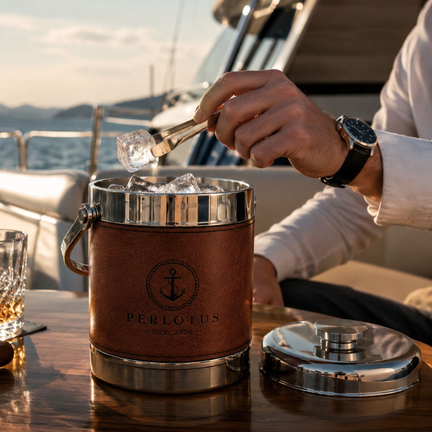Perlotus Çift Cidarlı Çelik Katmanlı 1.2 Lt Hakiki Deri Kılıflı Buz Kovası Limited Seri
