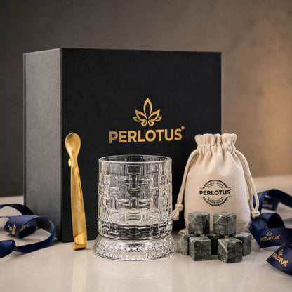 Perlotus 360° Döner Viski Bardağı Hediye Seti 6'lı Granit Viski Taşı, Gold Çelik Maşa, Kese Premium Kutulu Set
