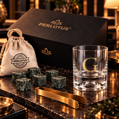 Perlotus Harf Serisi Kişiye Özel Viski Bardağı Seti 210 CC, El İşçiliği Gold Varaklı, Granit Viski Taşı, Gold Çelik Maşa Premium Kutulu