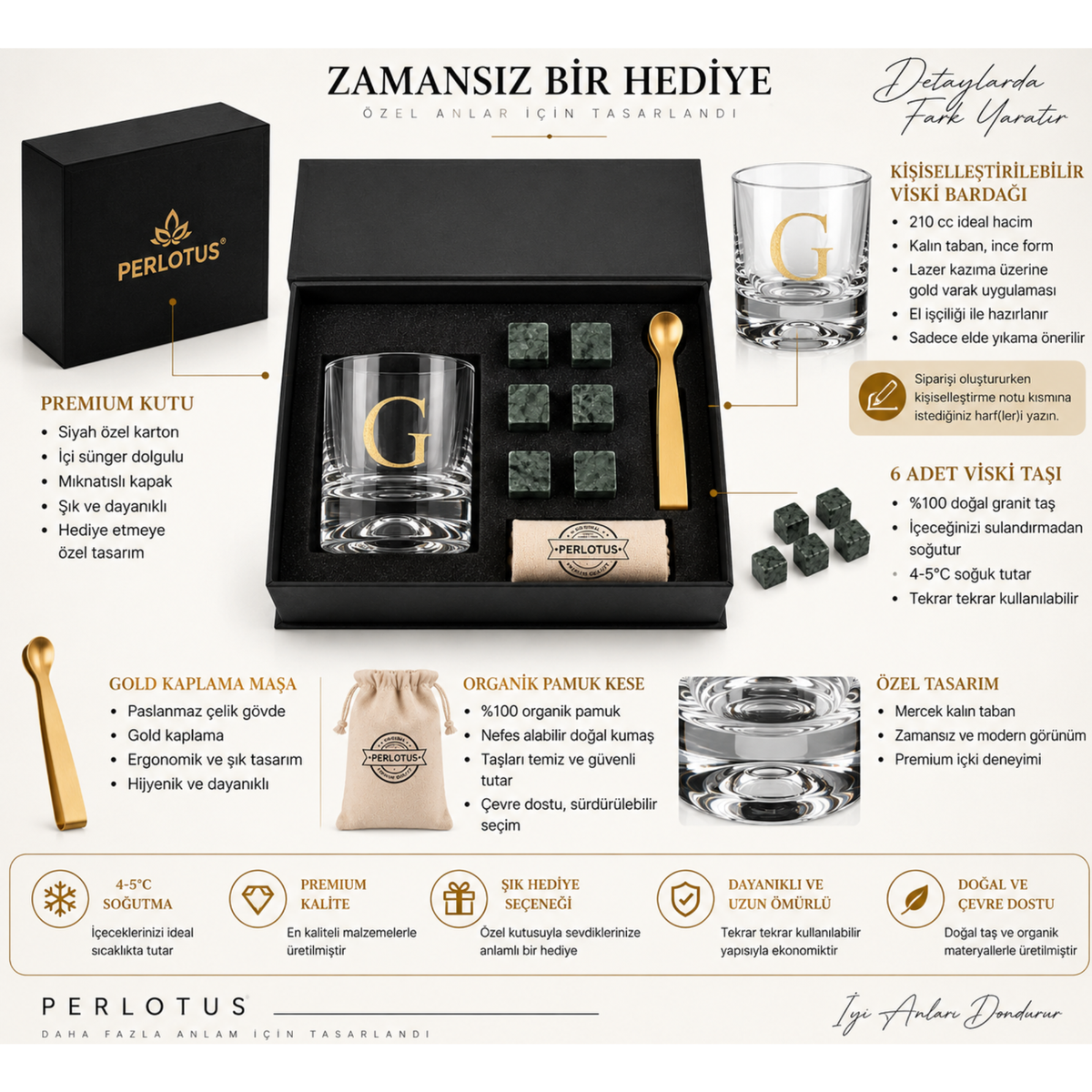 Perlotus Harf Serisi Kişiye Özel Viski Bardağı Seti 210 CC, El İşçiliği Gold Varaklı, Granit Viski Taşı, Gold Çelik Maşa Premium Kutulu