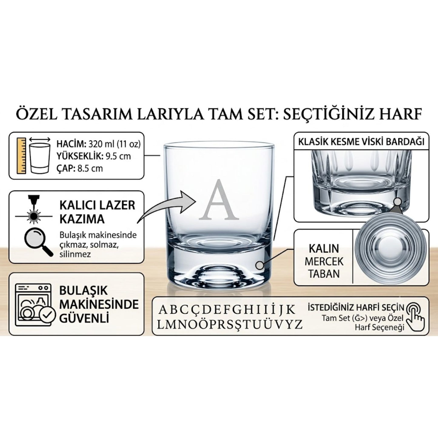 Perlotus Kişiye Özel Harfli Viski Bardağı 205 cc Lazer Kazıma Monogram