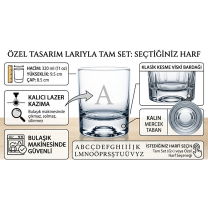 Perlotus Kişiye Özel Harfli Viski Bardağı 205 cc Lazer Kazıma Monogram