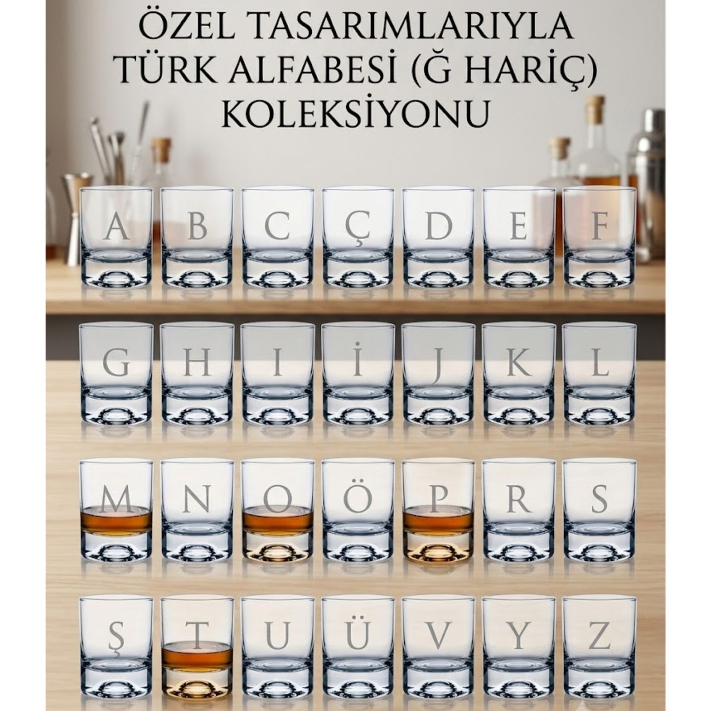 Perlotus Kişiye Özel Harfli Viski Bardağı 205 cc Lazer Kazıma Monogram