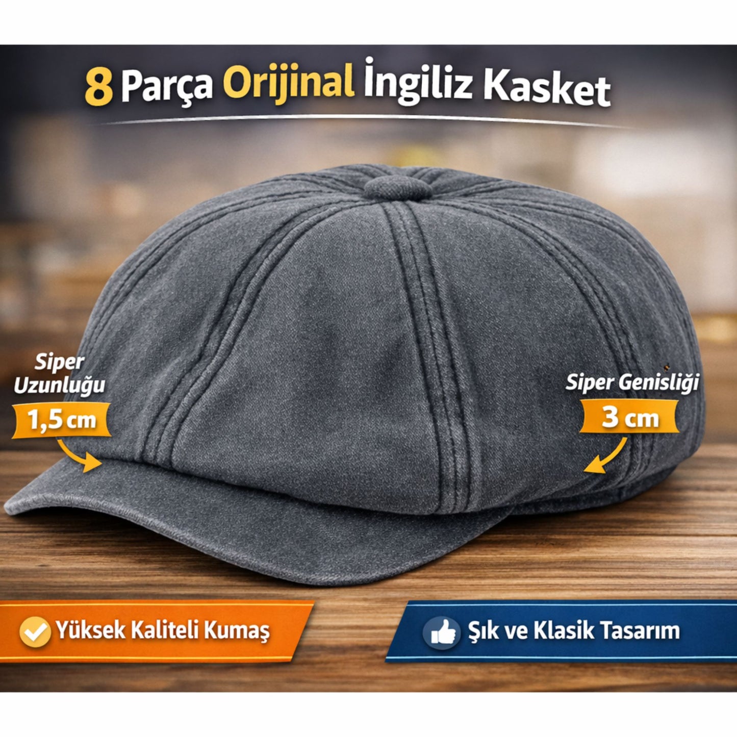 Perlotus Erkek İngiliz Kasket Şapka 8 Parça Yıkamalı Pamuk Kumaş Arka Lastikli Standart Beden