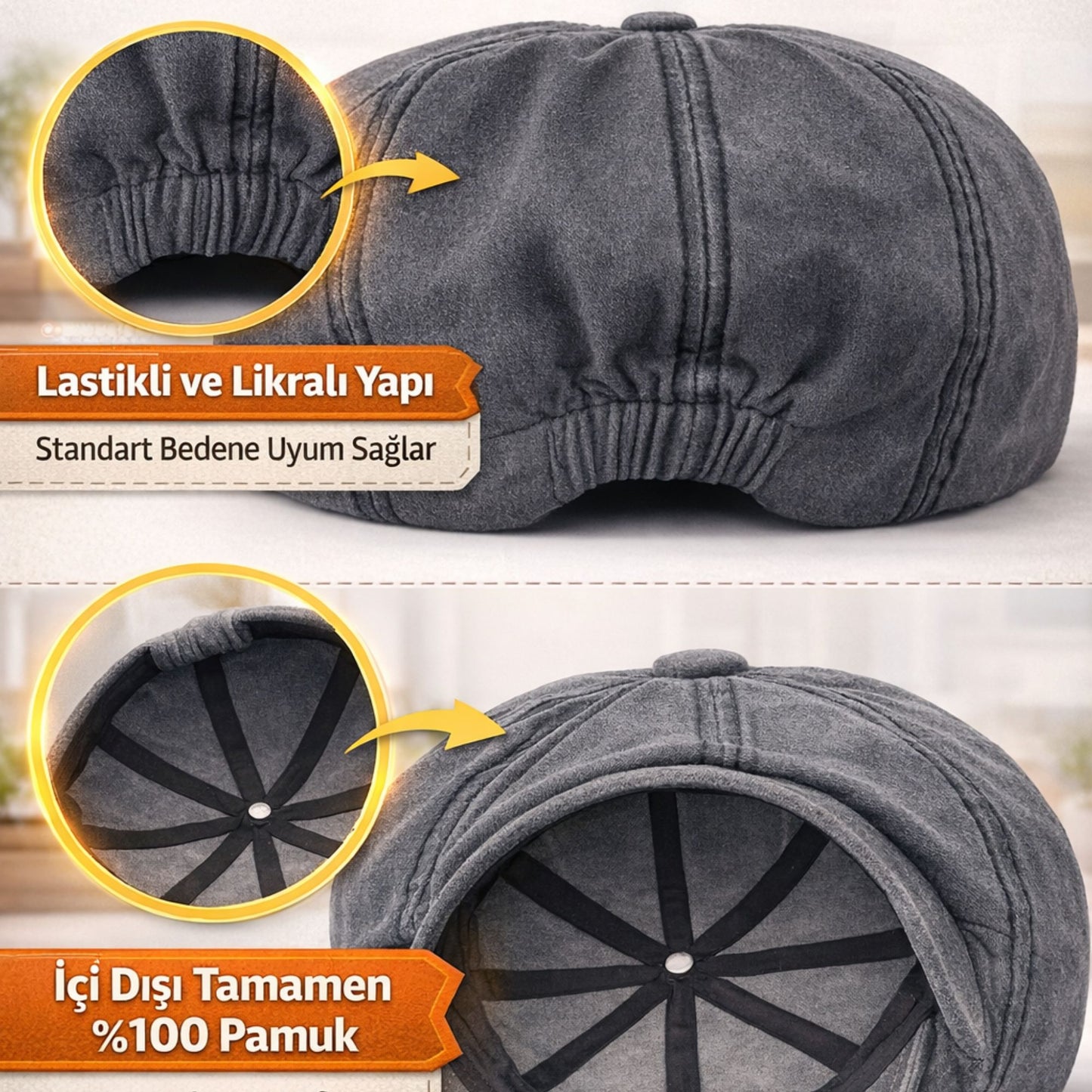 Perlotus Erkek İngiliz Kasket Şapka 8 Parça Yıkamalı Pamuk Kumaş Arka Lastikli Standart Beden
