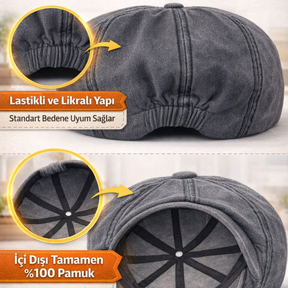 Perlotus Erkek İngiliz Kasket Şapka 8 Parça Yıkamalı Pamuk Kumaş Arka Lastikli Standart Beden