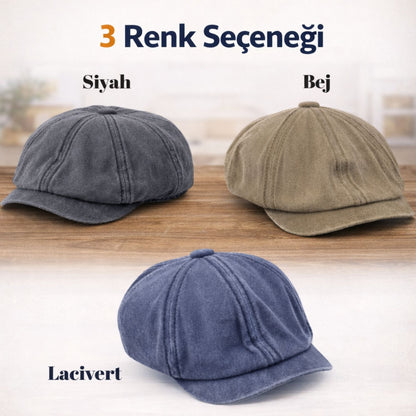 Perlotus Erkek İngiliz Kasket Şapka 8 Parça Yıkamalı Pamuk Kumaş Arka Lastikli Standart Beden
