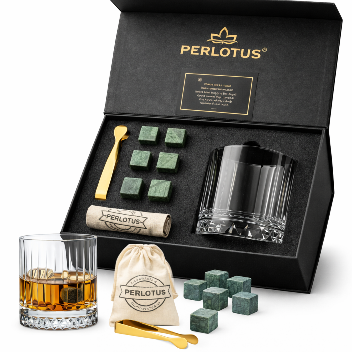 Perlotus İtaly Serisi 350 cc Kristal Viski Bardağı Granit Viski Taşı Seti Premium Hediye Kutulu