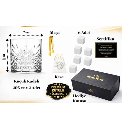 Perlotus İzmir Seri Viski Bardak Seti 2’li Kristal Kadeh Soğutma Taşı Maşalı Mıknatıslı Hediye Kutulu Sertifikalı Erkek Hediye Seti