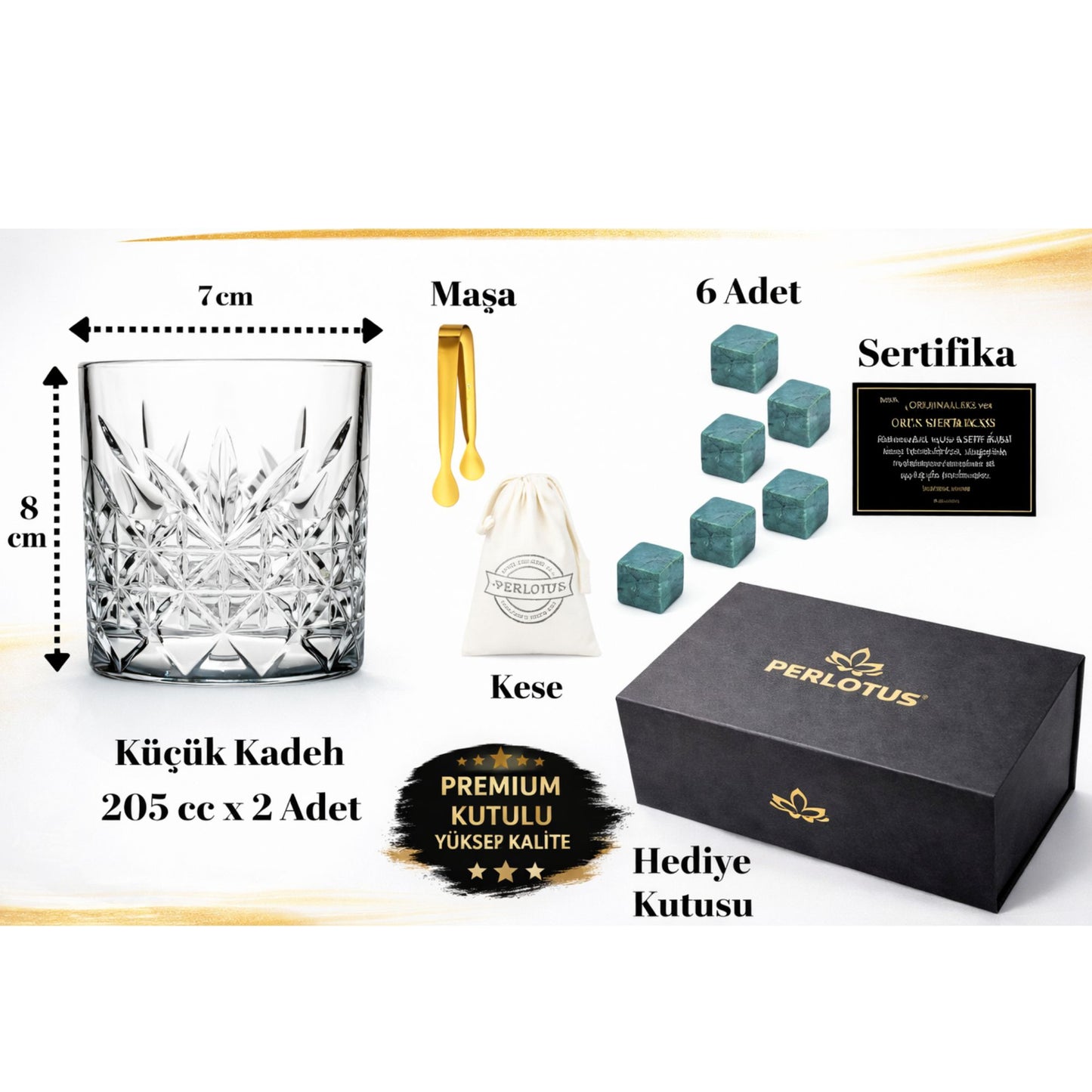Perlotus İzmir Seri Viski Bardak Seti 2’li Kristal Kadeh Soğutma Taşı Maşalı Mıknatıslı Hediye Kutulu Sertifikalı Erkek Hediye Seti