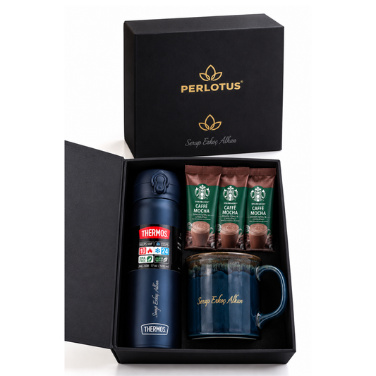 Kişiye Özel Lüks Kahve Hediye Seti | Thermos, Porselen Fincan & Starbucks