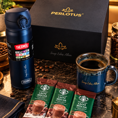 Kişiye Özel Lüks Kahve Hediye Seti | Thermos, Porselen Fincan & Starbucks
