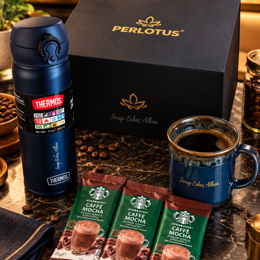 Kişiye Özel Lüks Kahve Hediye Seti | Thermos, Porselen Fincan & Starbucks