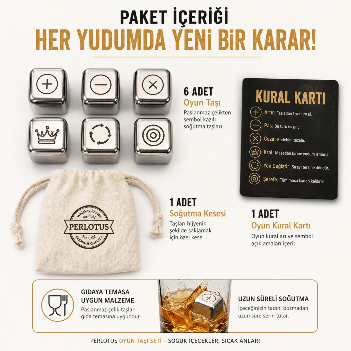 Perlotus Paslanmaz Çelik Viski Taşı ve Kadeh Oyunu Seti - 6'lı Lazer Kazımalı Karar Zarı