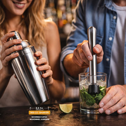 Perlotus Premium Kokteyl Seti 4 Parça Paslanmaz Çelik Bar Miksoloji Seti 500 CC Shaker Jigger Mojito Tokmağı Burgulu Karıştırma Kaşığı
