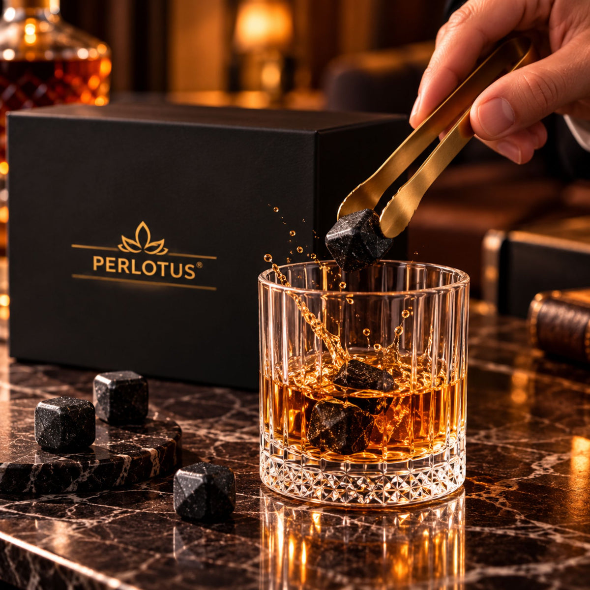 Imperial Cio Kadeh Bardaklı Premium Viski Taşı Seti – Gold Maşa & Kese