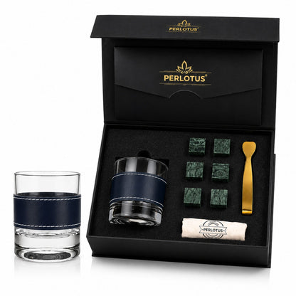 Perlotus Lacivert Hakiki Deri Kılıflı Viski Bardağı Seti 210 cc Kristal Kadeh, 6 Granit Viski Taşı, Gold Buz Maşası, Premium Hediye Kutusu