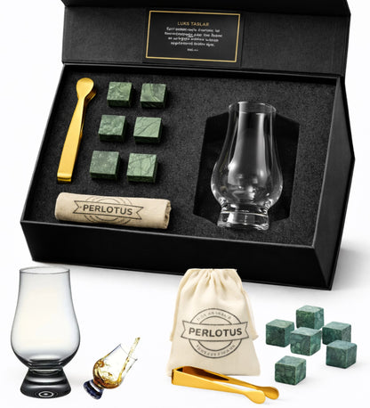 Perlotus Lotus 190 ml Aroma Viski Tadım Bardağı ve Granit Viski Taşı Premium Hediye Seti